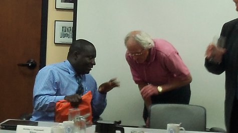 Mayor Hopewell and Commissioner Cooney have a brief exchange of ideas after Thursday evening's special commission meeting. Mayor Hopewell and Commissioner Cooney have a brief exchange of ideas after Thursday evening's special commission meeting.