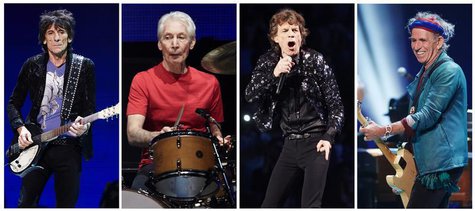 A combination photo shows Rolling Stones members (L-R): Ronnie Wood, Charlie Watts, Mick Jagger and Keith Richards performing at a concert d A combination photo shows Rolling Stones members (L-R): Ronnie Wood, Charlie Watts, Mick Jagger and Keith Richards performing at a concert d