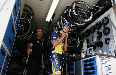 Team Saxo Bank rider Alberto Contador of Spain prepares for a training session in Porto-Vecchio, June 27, 2013 on the French Mediterranean i Team Saxo Bank rider Alberto Contador of Spain prepares for a training session in Porto-Vecchio, June 27, 2013 on the French Mediterranean i