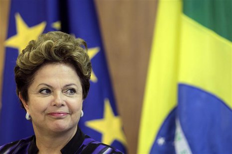Brazil's President Dilma Rousseff reacts during a press statement after a meeting at the 6th European Union (EU)-Brazil summit at the Planal Brazil's President Dilma Rousseff reacts during a press statement after a meeting at the 6th European Union (EU)-Brazil summit at the Planal