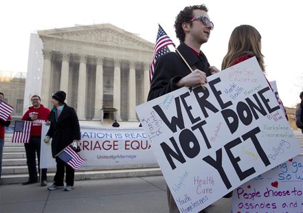 Supporters of gay marriage rally in front of the Supreme Court in Washington March 27, 2013. REUTERS/Joshua Roberts Supporters of gay marriage rally in front of the Supreme Court in Washington March 27, 2013. REUTERS/Joshua Roberts