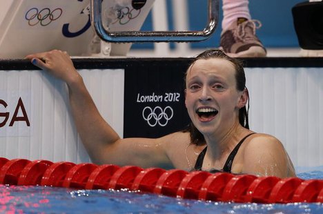 Winner Katie Ledecky of the U.S. celebrates after the women's 800m freestyle final during the London 2012 Olympic Games at the Aquatics Cent Winner Katie Ledecky of the U.S. celebrates after the women's 800m freestyle final during the London 2012 Olympic Games at the Aquatics Cent