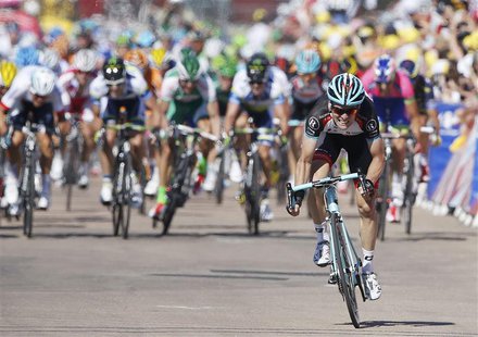 Radioshack-Leopard team rider Jan Bakelants of Belgium sprints to wi the 156 km second stage of the centenary Tour de France cycling race fr Radioshack-Leopard team rider Jan Bakelants of Belgium sprints to wi the 156 km second stage of the centenary Tour de France cycling race fr