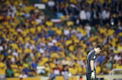 Spain's goalkeeper Iker Casillas reacts during their Confederations Cup final soccer match against Brazil at the Estadio Maracana in Rio de Spain's goalkeeper Iker Casillas reacts during their Confederations Cup final soccer match against Brazil at the Estadio Maracana in Rio de