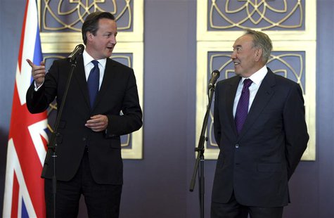 Kazakhstan's President Nursultan Nazarbayev (R) and Britain's Prime Minister David Cameron attend a Kazakh-British business forum in Astana Kazakhstan's President Nursultan Nazarbayev (R) and Britain's Prime Minister David Cameron attend a Kazakh-British business forum in Astana