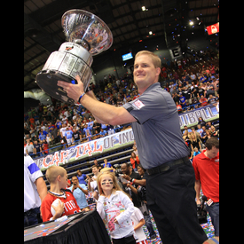 Storm head Coach Kurtiss Riggs raises the championship trophy after the Storm defeated Nebraska 43-40 Saturday night. Photo Courtesy of tslat.com. Storm head Coach Kurtiss Riggs raises the championship trophy after the Storm defeated Nebraska 43-40 Saturday night. Photo Courtesy of tslat.com.