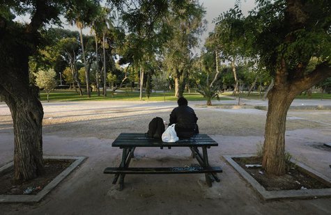 Giorgos, a 58-year-old who became homeless five years ago when he lost his job, sits on a park bench in Athens May 2, 2013. REUTERS/Yannis B Giorgos, a 58-year-old who became homeless five years ago when he lost his job, sits on a park bench in Athens May 2, 2013. REUTERS/Yannis B