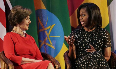 Former U.S. First Lady Laura Bush (L) smiles next to current U.S. First Lady Michelle Obama at the African First Ladies Summit in Dar Es Sal Former U.S. First Lady Laura Bush (L) smiles next to current U.S. First Lady Michelle Obama at the African First Ladies Summit in Dar Es Sal