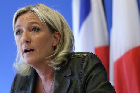 Marine Le Pen, France's National Front political party leader, speaks during a news conference at the party's headquarters in Nanterre, near Marine Le Pen, France's National Front political party leader, speaks during a news conference at the party's headquarters in Nanterre, near