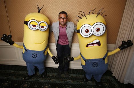 Actor Steve Carell poses with two life-size minion characters while promoting his upcoming movie "Despicable Me 2" in Los Angeles, Californi Actor Steve Carell poses with two life-size minion characters while promoting his upcoming movie "Despicable Me 2" in Los Angeles, Californi