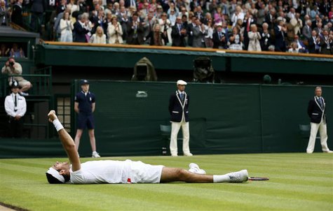Juan Martin del Potro of Argentina celebrates after defeating David Ferrer of Spain in their men's quarter-final tennis match at the Wimbled Juan Martin del Potro of Argentina celebrates after defeating David Ferrer of Spain in their men's quarter-final tennis match at the Wimbled