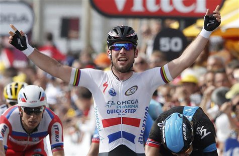 Omega Pharma-Quick Step team rider Mark Cavendish of Britain celebrates as he wins the 228.5 km fifth stage of the centenary Tour de France Omega Pharma-Quick Step team rider Mark Cavendish of Britain celebrates as he wins the 228.5 km fifth stage of the centenary Tour de France