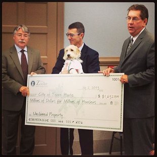 Indiana Attorney General Gregg Zoeller left
Buck The Money Dog and his handler center
Terre Haute Mayor Duke Bennett
Indiana AG presents unclaimed money check to city of Terre Haute
photo provided by Indiana Attorney Generals Office Indiana Attorney General Gregg Zoeller left
Buck The Money Dog and his handler center
Terre Haute Mayor Duke Bennett
Indiana AG presents unclaimed money check to city of Terre Haute
photo provided by Indiana Attorney Generals Office