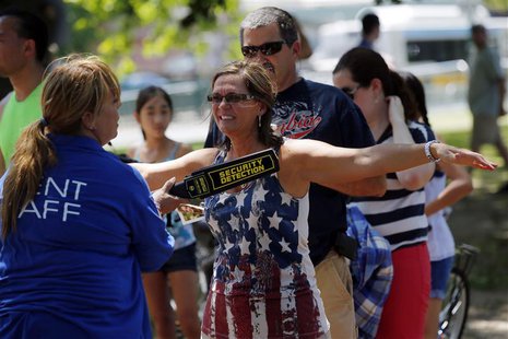 Spectators are checked by security on the Esplanade ahead of the city's Fourth of July Independence Day celebrations in Boston, Massachusett Spectators are checked by security on the Esplanade ahead of the city's Fourth of July Independence Day celebrations in Boston, Massachusett