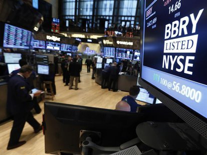 The trading symbol for Blackberry is seen on a screen on the floor at the New York Stock Exchange, April 1, 2013. REUTERS/Brendan McDermid The trading symbol for Blackberry is seen on a screen on the floor at the New York Stock Exchange, April 1, 2013. REUTERS/Brendan McDermid
