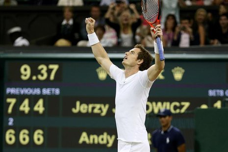 Andy Murray of Britain celebrates after defeating Jerzy Janowicz of Poland in their men's semi-final tennis match at the Wimbledon Tennis Ch Andy Murray of Britain celebrates after defeating Jerzy Janowicz of Poland in their men's semi-final tennis match at the Wimbledon Tennis Ch