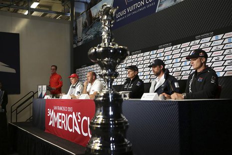 America's Cup regatta director Iain Murray (2nd L), Team Luna Rossa skipper Max Sirena (3rd L), Emirates Team New Zealand skipper Dean Barke America's Cup regatta director Iain Murray (2nd L), Team Luna Rossa skipper Max Sirena (3rd L), Emirates Team New Zealand skipper Dean Barke