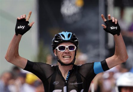 Team Sky rider Christopher Froome of Britain celebrates as he wins the 195 km eight stage of the centenary Tour de France cycling race from Team Sky rider Christopher Froome of Britain celebrates as he wins the 195 km eight stage of the centenary Tour de France cycling race from