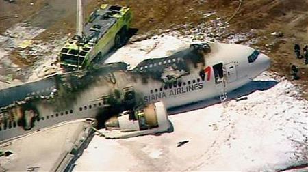 An Asiana Airlines Boeing 777 is pictured after it crashed while landing in this KTVU image at San Francisco International Airport in California, July 6, 2013.
Credit: REUTERS/KTVU/Handout via Reuters An Asiana Airlines Boeing 777 is pictured after it crashed while landing in this KTVU image at San Francisco International Airport in California, July 6, 2013.
Credit: REUTERS/KTVU/Handout via Reuters