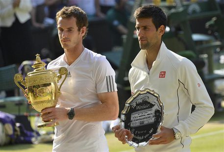 Andy Murray of Britain (L) holds the winners trophy, with Novak Djokovic of Serbia holding the runners-up trophy, after defeating him in the Andy Murray of Britain (L) holds the winners trophy, with Novak Djokovic of Serbia holding the runners-up trophy, after defeating him in the