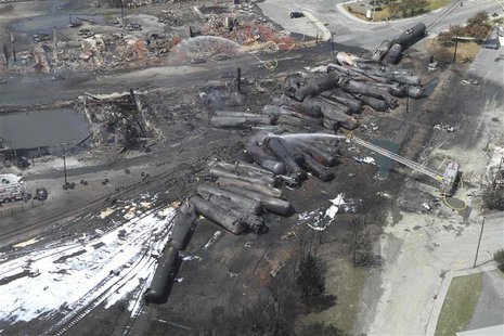 An aerial view of burnt train cars after a train derailment and explosion in Lac-Megantic, Quebec July 8, 2013 in this picture provided by t An aerial view of burnt train cars after a train derailment and explosion in Lac-Megantic, Quebec July 8, 2013 in this picture provided by t