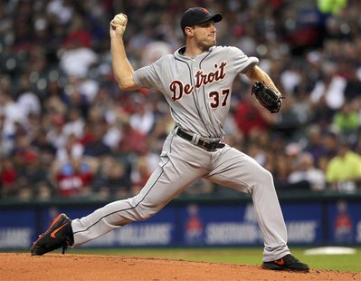 Detroit Tigers' Max Scherzer pitches during the first inning of their MLB American League baseball game against the Cleveland Indians in Cle Detroit Tigers' Max Scherzer pitches during the first inning of their MLB American League baseball game against the Cleveland Indians in Cle
