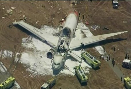 An Asiana Airlines Boeing 777 is pictured after it crashed while landing in this KTVU image at San Francisco International Airport in Califo An Asiana Airlines Boeing 777 is pictured after it crashed while landing in this KTVU image at San Francisco International Airport in Califo