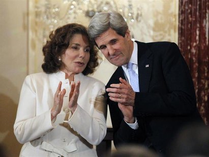 John Kerry is pictured with his wife Teresa Heinz-Kerry after being sworn-in as U.S. Secretary of State by U.S. Vice President Joe Biden (no John Kerry is pictured with his wife Teresa Heinz-Kerry after being sworn-in as U.S. Secretary of State by U.S. Vice President Joe Biden (no