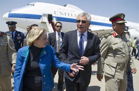 U.S. Defense Secretary Chuck Hagel (C) speaks with U.S. Ambassador to Egypt Anne Patterson and Egyptian Army Chief of Staff Major General Se U.S. Defense Secretary Chuck Hagel (C) speaks with U.S. Ambassador to Egypt Anne Patterson and Egyptian Army Chief of Staff Major General Se