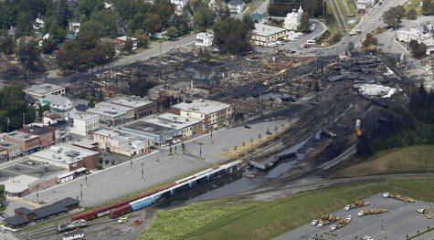 A aerial view of the wreckage of the crude oil train is seen in Lac Megantic, July 8, 2013. REUTERS/Mathieu Belanger A aerial view of the wreckage of the crude oil train is seen in Lac Megantic, July 8, 2013. REUTERS/Mathieu Belanger