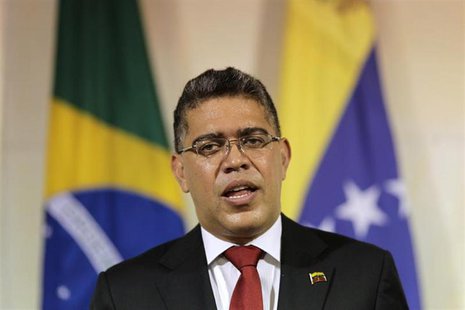 Venezuela's Foreign Minister Elias Jaua speaks during a press statement with his Brazilian counterpart Antonio Patriota (not pictured) at th Venezuela's Foreign Minister Elias Jaua speaks during a press statement with his Brazilian counterpart Antonio Patriota (not pictured) at th