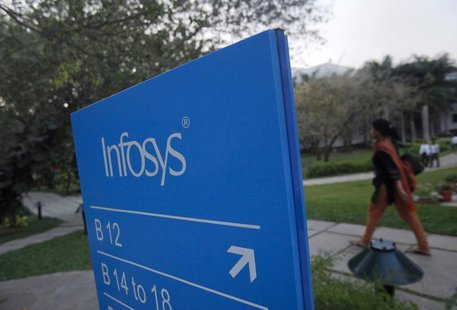 An employees walks past a signage board in the Infosys campus at the Electronics City IT district in Bangalore, February 28, 2012. REUTERS/V An employees walks past a signage board in the Infosys campus at the Electronics City IT district in Bangalore, February 28, 2012. REUTERS/V