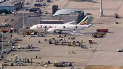 Emergency crew surrounds a Boeing 787 Dreamliner, operated by Ethiopian Airlines, which caught fire at Britain's Heathrow airport in this Ju Emergency crew surrounds a Boeing 787 Dreamliner, operated by Ethiopian Airlines, which caught fire at Britain's Heathrow airport in this Ju