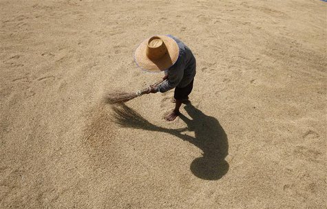 A farmer dries rice grains in Buriram province, 410 km (255 miles) northeast of Bangkok, in this November 17, 2007 file photo. REUTERS/Sukre A farmer dries rice grains in Buriram province, 410 km (255 miles) northeast of Bangkok, in this November 17, 2007 file photo. REUTERS/Sukre