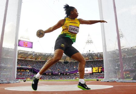 Jamaica's Allison Randall competes during her women's discus throw Group A qualification at the London 2012 Olympic Games at the Olympic Sta Jamaica's Allison Randall competes during her women's discus throw Group A qualification at the London 2012 Olympic Games at the Olympic Sta