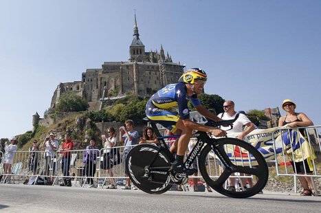 Team Saxo-Tinkoff rider Alberto Contador of Spain cycles past the Mont Saint-Michel during the 32 km individual time trial eleventh stage of Team Saxo-Tinkoff rider Alberto Contador of Spain cycles past the Mont Saint-Michel during the 32 km individual time trial eleventh stage of