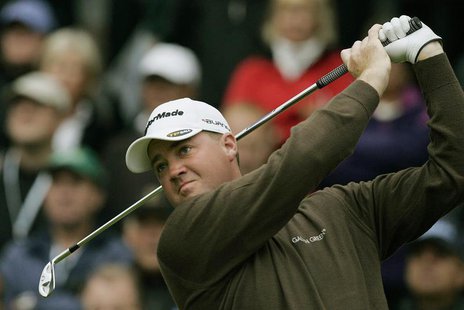 Sweden's Peter Hanson watches his ball on the first tee in the final round of the SAS Scandinavian Masters at the Arlandastad Golf Club nort Sweden's Peter Hanson watches his ball on the first tee in the final round of the SAS Scandinavian Masters at the Arlandastad Golf Club nort