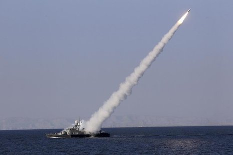 A new medium-range missile is fired from a naval ship during Velayat-90 war game on Sea of Oman near the Strait of Hormuz in southern Iran J A new medium-range missile is fired from a naval ship during Velayat-90 war game on Sea of Oman near the Strait of Hormuz in southern Iran J