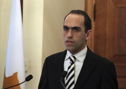 Newly-appointed Cyprus Finance Minister Harris Georgiades speaks during a ceremony at the Presidential Palace in Nicosia, Cyprus April 3, 20 Newly-appointed Cyprus Finance Minister Harris Georgiades speaks during a ceremony at the Presidential Palace in Nicosia, Cyprus April 3, 20