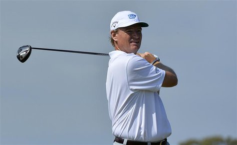 Ernie Els of South Africa watches his tee shot on the fifth hole during a practice round ahead of the British Open golf championship at Muir Ernie Els of South Africa watches his tee shot on the fifth hole during a practice round ahead of the British Open golf championship at Muir