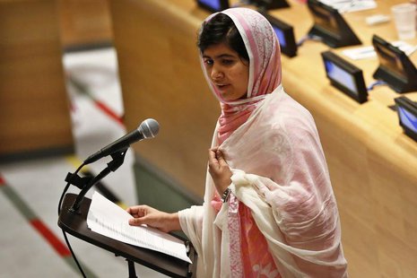 Malala Yousafzai, wearing a white shawl that had belonged to former Pakistani Prime Minister Benazir Bhutto, gives her first speech since th Malala Yousafzai, wearing a white shawl that had belonged to former Pakistani Prime Minister Benazir Bhutto, gives her first speech since th