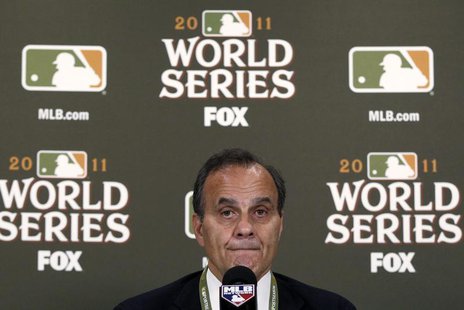 Major League Baseball executive vice president of baseball operations Joe Torre announces the cancellation of Game 6 of the World Series bas Major League Baseball executive vice president of baseball operations Joe Torre announces the cancellation of Game 6 of the World Series bas