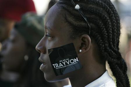 A woman wears a sticker supporting Trayvon Martin during a peaceful protest of the acquittal of George Zimmerman for the 2012 shooting death of Martin, in Los Angeles, California July 15, 2013.
Credit: Reuters/Jonathan Alcorn A woman wears a sticker supporting Trayvon Martin during a peaceful protest of the acquittal of George Zimmerman for the 2012 shooting death of Martin, in Los Angeles, California July 15, 2013.
Credit: Reuters/Jonathan Alcorn