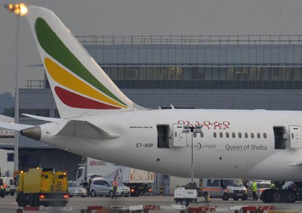 Emergency services attend to a Boeing 787 Dreamliner, operated by Ethiopian Airlines, after it caught fire at Britain's Heathrow airport in Emergency services attend to a Boeing 787 Dreamliner, operated by Ethiopian Airlines, after it caught fire at Britain's Heathrow airport in
