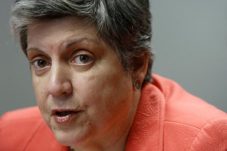 U.S. Homeland Security Secretary Janet Napolitano speaks to reporters during the Reuters Cybersecurity Summit in Washington, May 14, 2013. R U.S. Homeland Security Secretary Janet Napolitano speaks to reporters during the Reuters Cybersecurity Summit in Washington, May 14, 2013. R