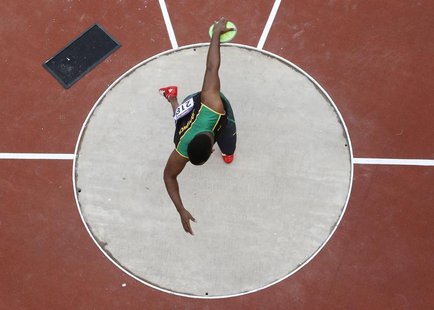 Jamaica's Traves Smikle competes in the men's discus qualification during the London 2012 Olympic Games at the Olympic Stadium August 6, 201 Jamaica's Traves Smikle competes in the men's discus qualification during the London 2012 Olympic Games at the Olympic Stadium August 6, 201