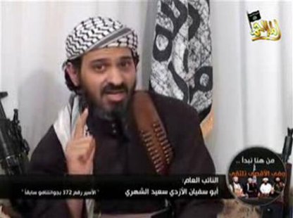 Deputy leader of al Qaeda in Yemen, Said al-Shehri, a Saudi national identified as Guantanamo prisoner number 372, speaks in a video posted on Islamist websites, in this January 24, 2009 file frame grab. Yemeni armed forces have killed al-Shehri, a man seen as the second-in-command of Al Qaeda in the Arabian Peninsula (AQAP), a government website said on September 10, 2012.
Credit: Reuters/Handout/Files Deputy leader of al Qaeda in Yemen, Said al-Shehri, a Saudi national identified as Guantanamo prisoner number 372, speaks in a video posted on Islamist websites, in this January 24, 2009 file frame grab. Yemeni armed forces have killed al-Shehri, a man seen as the second-in-command of Al Qaeda in the Arabian Peninsula (AQAP), a government website said on September 10, 2012.
Credit: Reuters/Handout/Files