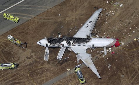 An Asiana Airlines Boeing 777 plane is seen in this aerial image after it crashed while landing at San Francisco International Airport in Ca An Asiana Airlines Boeing 777 plane is seen in this aerial image after it crashed while landing at San Francisco International Airport in Ca