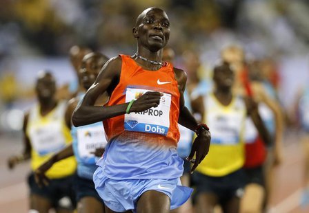 Asbel Kiprop of Kenya leads the men's 1500m at the IAAF Diamond League athletics meet in Doha May 10, 2013. REUTERS/Fadi Al-Assaad Asbel Kiprop of Kenya leads the men's 1500m at the IAAF Diamond League athletics meet in Doha May 10, 2013. REUTERS/Fadi Al-Assaad
