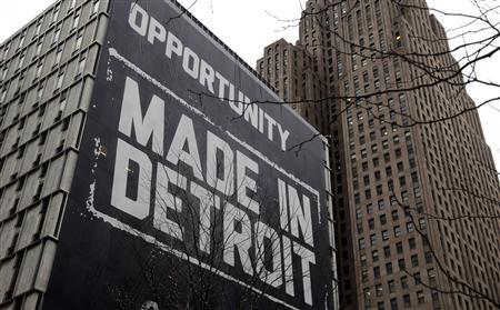 A large ''Opportunity Made In Detroit'' banner is seen on the side of a building in downtown Detroit, Michigan in this January 30, 2013 file photo.
Credit: Reuters/Rebecca Cook/Files A large ''Opportunity Made In Detroit'' banner is seen on the side of a building in downtown Detroit, Michigan in this January 30, 2013 file photo.
Credit: Reuters/Rebecca Cook/Files